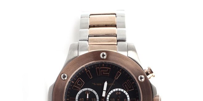 Pánske strieborno-zlaté hodinky s hnedou lunetou a chronografom Yves Bertelin