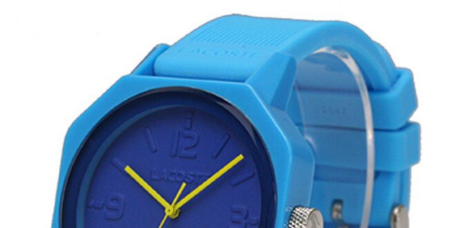 Modré hodinky so žltými rafíčkami Lacoste