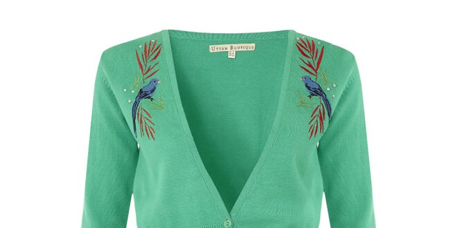 Dámsky zelený svetrík s modrými vtáčikmi Uttam Boutique