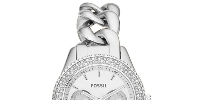 Dámske strieborné hodinky s retiazkovým remienkom a zirkónmi Fossil