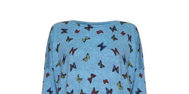 Dámsky modrý oversized sveter s motýlikmi Iska