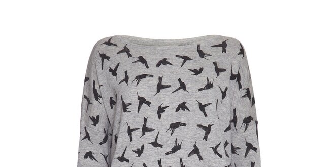 Dámsky dlhý sveter s vtáčikmi v šedej farbe Iska