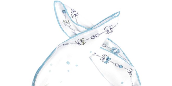 Dámska biela hodvábna šatka Fraas s mašličkami a modrám lemom