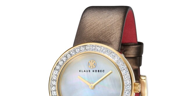 Dámske oceľové hodinky s perleťovým ciferníkom a hnedým remienkom Klaus Kobec