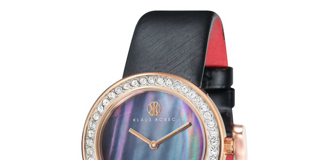 Dámske oceľové hodinky s perleťovým ciferníkom a čiernym remienkom Klaus Kobec