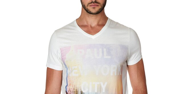 Pánske biele tričko s farebnou potlačou Paul Stragas