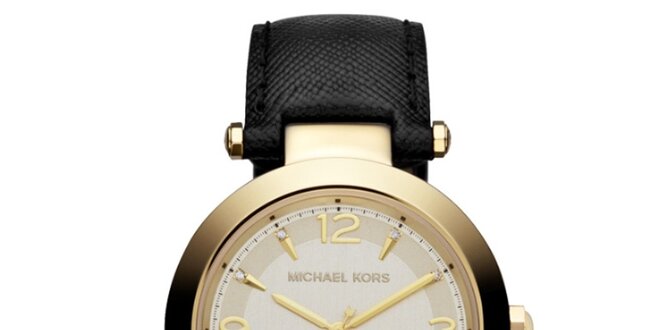 Dámske oceľové hodinky s čiernym koženým remienkom a okrúhlym ciferníkom Michael Kors