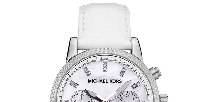 Dámske oceľové hodinky s bielym koženým remienkom Michael Kors