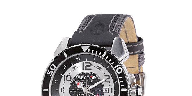 Pánske čierno-strieborné oceľové hodinky Sector s koženým remienkom