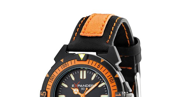 Pánske čierno-oranžové oceľové hodinky Sector s koženým remienkom
