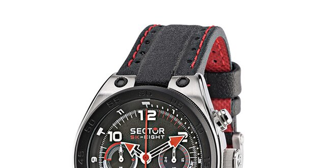 Pánske čierne oceľové hodinky Sector s čierno-červeným koženým remienkom