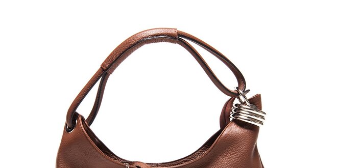 Dámska hnedá kožená kabelka s kovovou ozdobou Carla Ferreri