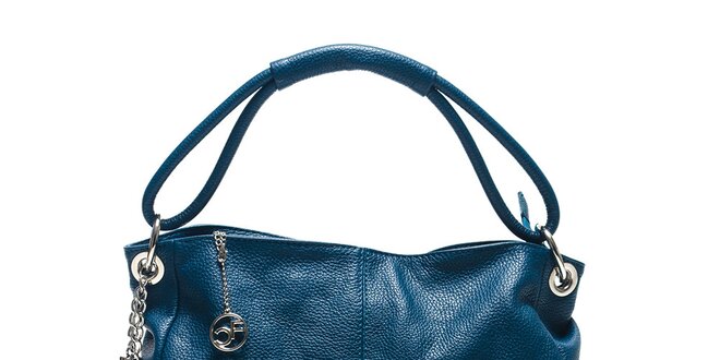 Dámska modrá kožená kabelka s ozdobnými strapcami Carla Ferreri