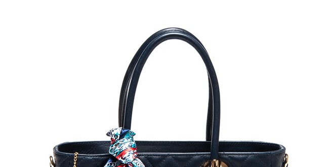 Dámska tmavo modrá kožená prešívaná kabelka so šatkou Carla Ferreri