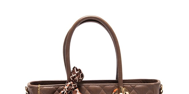Dámska hnedá kožená prešívaná kabelka so šatkou Carla Ferreri
