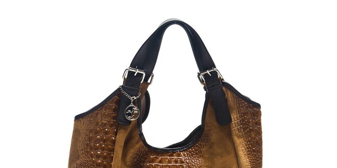 Dámska koňaková kožená taška s krokodílim vzorom Carla Ferreri