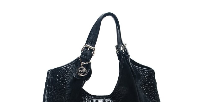 Dámska čierna kožená taška s krokodílim vzorom Carla Ferreri