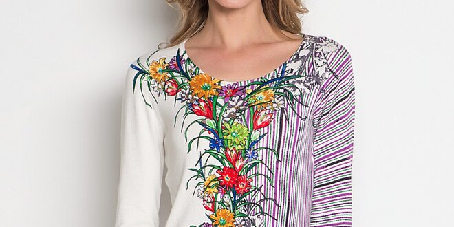 Dámska biela tunika s farebnými prúžkami a kvetinovým vzorom Imagini