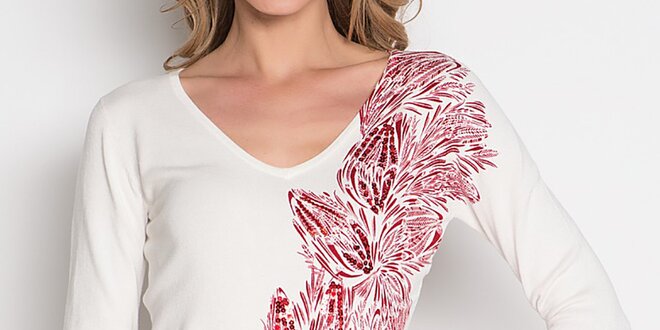 Dámske biele tričko s červeným kvetinovým pruhom Imagini