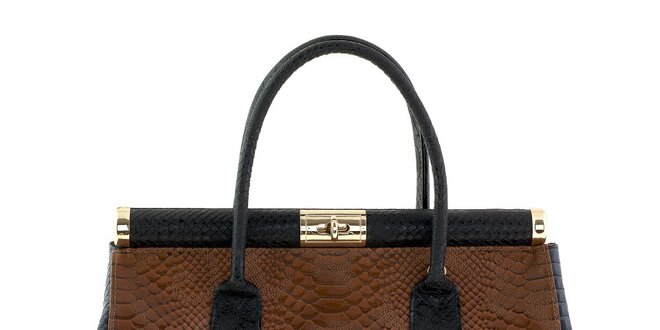 Dámska hnedo-čierna kožená kabelka na zámoček s krokodílim vzorom Classe Regina