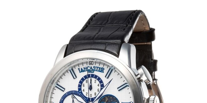 Pánske oceľové hodinky s čiernym remienkom a bielo-modrým ciferníkom Lancaster