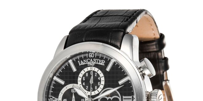 Pánske oceľové hodinky s čiernym remienkom a čiernym ciferníkom Lancaster