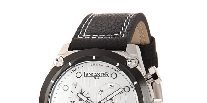 Pánske oceľové hodinky s bielym ciferníkom a koženým prešívaným remienkom Lancaster