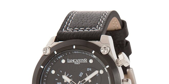 Pánske oceľové hodinky s čiernym ciferníkom a koženým prešívaným remienkom Lancaster