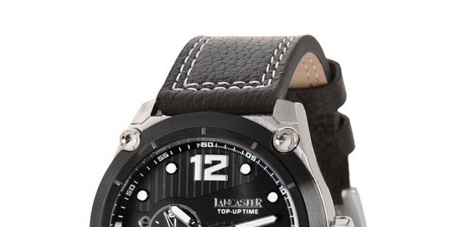 Pánske športové oceľové hodinky s koženým remienkom a čiernym ciferníkom Lancaster