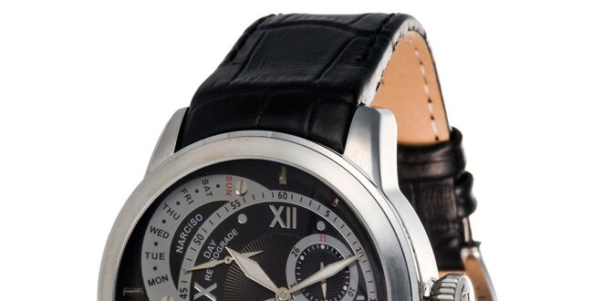 Pánske hodinky s čiernym ciferníkom a koženým remienkom Lancaster