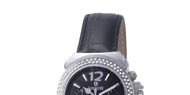 Dámske hodinky s kryštálmi a čiernym perleťovým ciferníkom Lancaster
