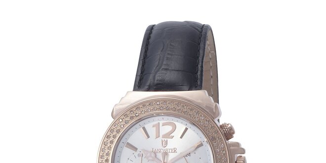 Dámske ružové oceľové hodinky s kryštálmi a čiernym remienkom Lancaster