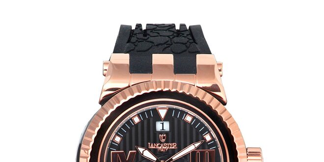 Pánske čierne hodinky s prvkami ružového zlata Lancaster