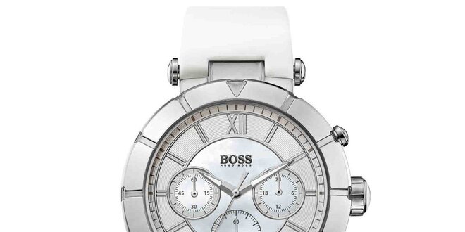 Dámske oceľové hodinky s chronografom a bielym remienkom Hugo Boss