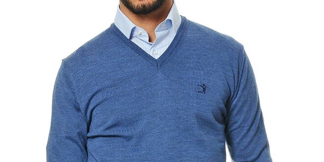 Pánsky modrý sveter s véčkovým výstrihom z merino vlny Uomini Italiani