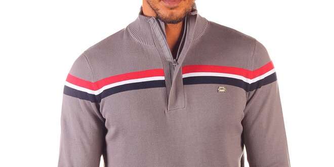 Pánsky šedý sveter s kontrastnými pruhmi a zapínaním na zips Unitryb