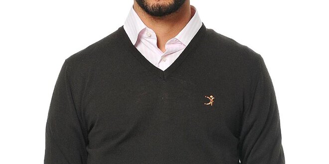 Pánsky čierny sveter s farebnou výšivkou z merino vlny Uomini Italiani