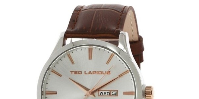 Pánske oceľové hodinky s koženým remienkom hnedej farby Ted Lapidus