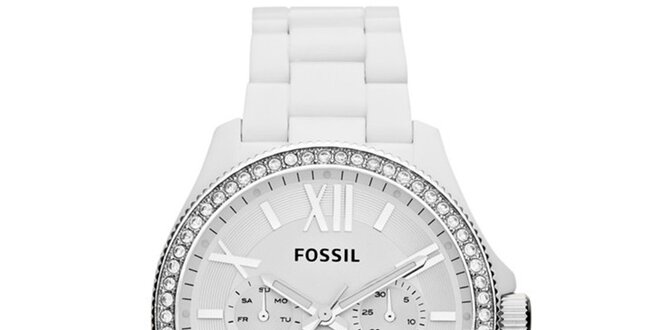 Dámske biele hodinky so zirkónmi na lunete Fossil