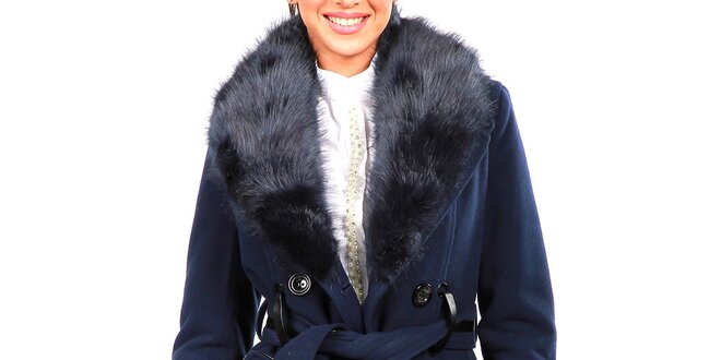 Dámsky modrý dvojradový kabát s kožúškom Isabel Queen