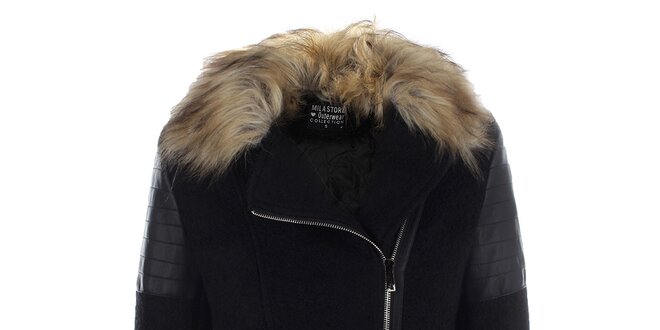 Dámsky čierny krátky kabátik s kožúškovým golierom Mila Store