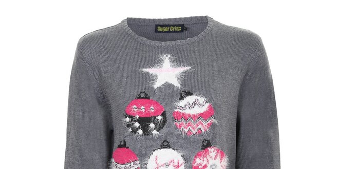 Dámsky šedý sveter s vianočnými ozdobami Sugar Crisp