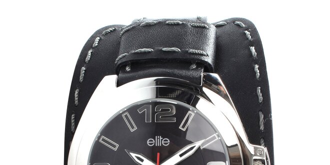 Pánske čierne hodinky so šedým prešívaním Elite