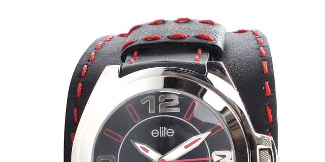 Pánske čierne hodinky s červeným prešívaním Elite