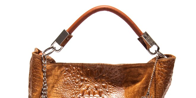 Dámska koňakovo hnedá kožená kabelka s motívom krokodílej kože Luisa Vannini