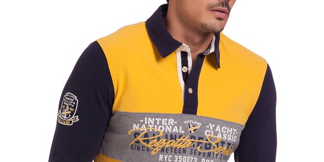 Pánske žlto-modré polo tričko so vzorom na hrudi Galvanni