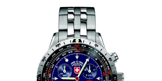 Pánske oceľové hodinky s chronografom a modrým ciferníkom Swiss Military