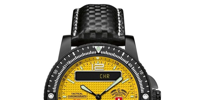 Pánske čierne hodinky so žltým ciferníkom a koženým remienkom Swiss Military