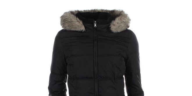 Dámsky čierny prešívaný kabát s kapucňou a kožúškom Halifax