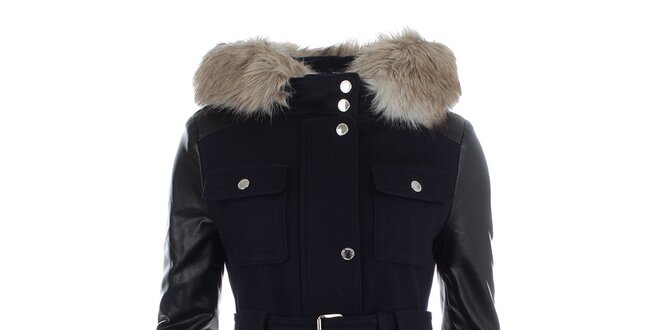 Dámsky tmavomodrý kabátik s kapucňou a kožúškom Halifax